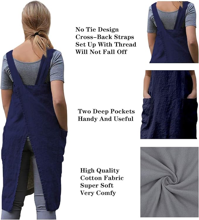 TBA Cotton Linen Apron Cross Back Apron for Women with Big Pockets Square Pinafore Dress for Baking Cooking BBQ & Grill