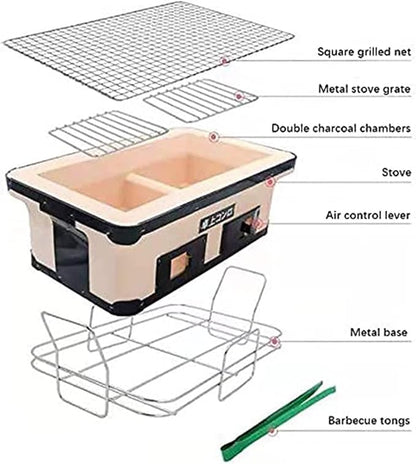 Japanese Ceramic Clay Charcoal Grill, Yakitori Barbecue Charcoal Mini Grill Stove with Charcoal Grate and Stand for Indoor Outdoor