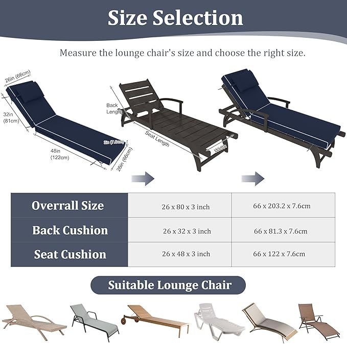 Chaise Lounge Cushions Outdoor Set of 2 Lounge Chair Cushion 80" L x 26" W with Headrest Straps 3'' Thick Waterproof PU Patio Chaise Cushions Pool Lounger Chair Cushion(Navy Blue)