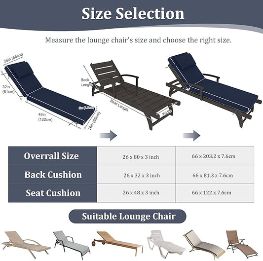 Chaise Lounge Cushions Outdoor Set of 2 Lounge Chair Cushion 80" L x 26" W with Headrest Straps 3'' Thick Waterproof PU Patio Chaise Cushions Pool Lounger Chair Cushion(Navy Blue)