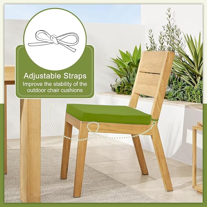 Cozyide Outdoor Chair Cushions, Waterproof Patio Seat Cushions with Adjustable Straps, Square Corner Patio Chair Cushions for Garden, Grass Green, 18.5x16x3 Inch (Pack of 4)