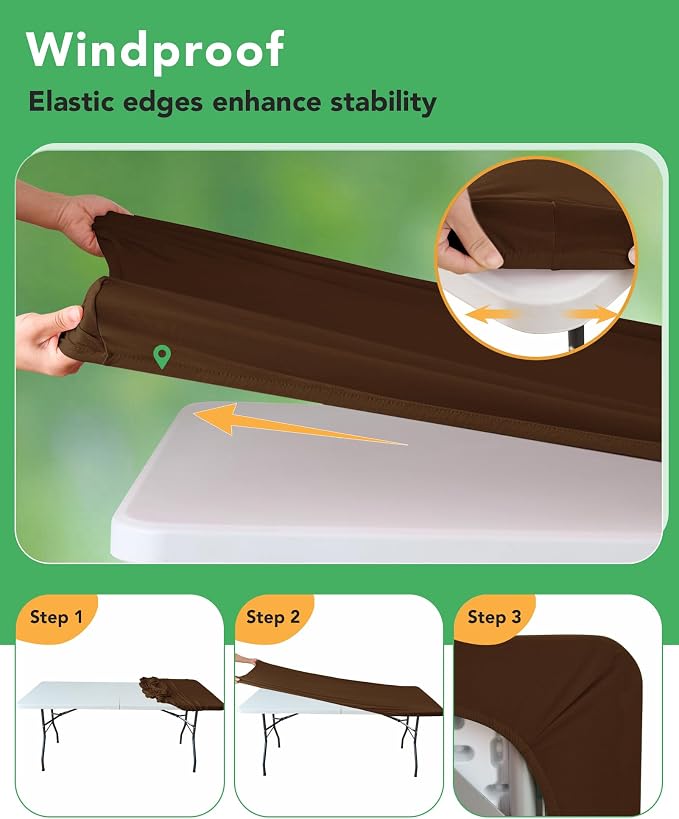 Fitted Tablecloth Rectangle Table Cloths with Elastic, 6 ft, Brown, 6 Pack | For Outdoor Picnic Camping Party 6 foot Folding Spandex Table Covers, Water-Resistant, Windproof, Reusable, 72"L x 30"W