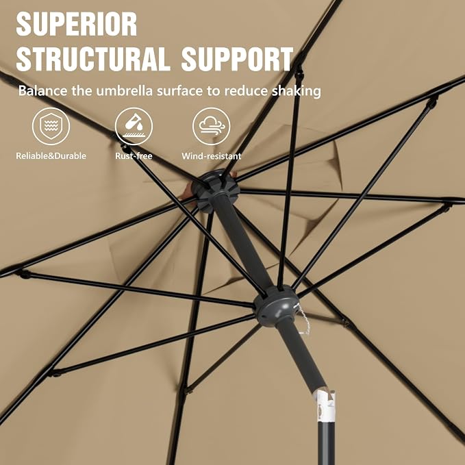 Outdoor Patio Umbrella, Table Umbrella with Push Button Tilt and Crank, 8 Ribs Market Umbrella