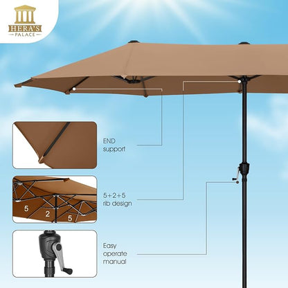 HERA'S PALACE 13 ft Large Patio Umbrella, Double-Sided Twin, Outdoor Market Umbrella with Crank Handle, Powerful UV Protective, Tawny