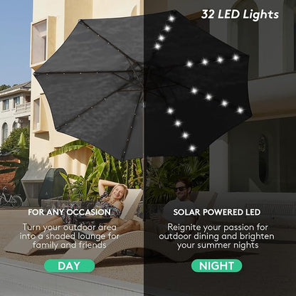 JEAREY 9FT Outdoor Patio Umbrella with Solar Lights, LED Lighted Pool Umbrella with Tilt and Crank, Outdoor Table Umbrellas for Deck, Yard & Market (Dark Gray)