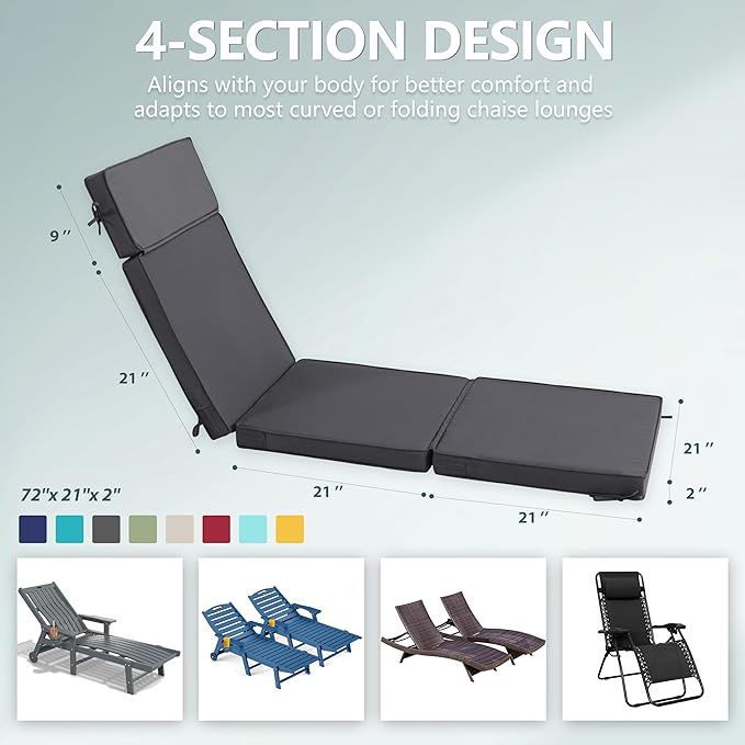 72 x 21 Inch Outdoor Chaise Lounge Cushions Set of 2 - Removable Cover, 4-Section Design, Water-Repellent & Fade-Resistant, 6 Tie Straps, Replacement for Patio & Pool Chairs - Dark Grey