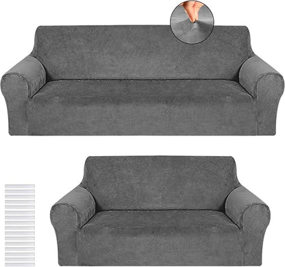 Peryiter 2 Pcs Couch and Loveseat Sofa Covers,Dark Gray,Velvet | Armchair Covers for Living Room, Sofa Cushion Slipcover 2/3 Seater, Furniture Protector, Polyester and Spandex, Washable