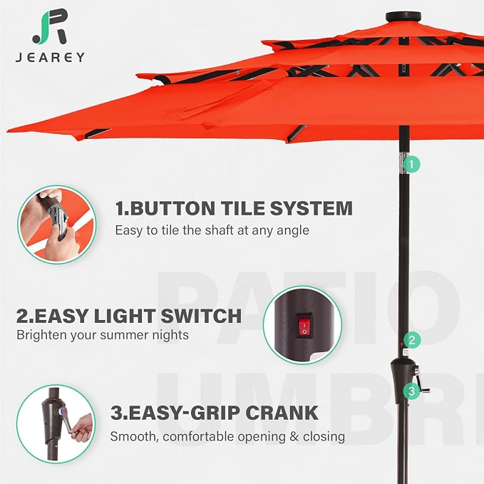 JEAREY 3 Tiers Patio Umbrella with Solar Lights 9ft Outdoor Market Table Umbrellas with Push Button Tilt for Outside Pool Garden, Orange | Solar Market Table Umbrella with 8 Sturdy Ribs, UV Protection Waterproof Sunproof for Garden, Deck and Backyard