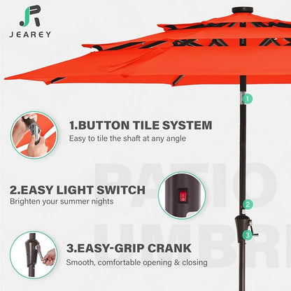 JEAREY 3 Tiers Patio Umbrella with Solar Lights 9ft Outdoor Market Table Umbrellas with Push Button Tilt for Outside Pool Garden, Orange | Solar Market Table Umbrella with 8 Sturdy Ribs, UV Protection Waterproof Sunproof for Garden, Deck and Backyard