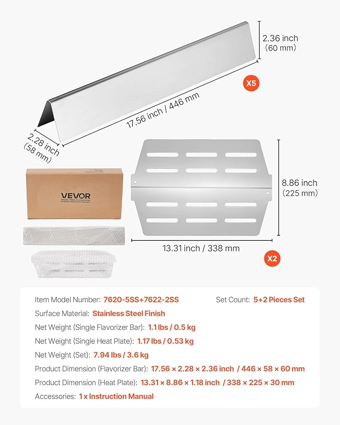 VEVOR Flavorizer Bars and Heat Deflectors, 17 inch Grill Replacement Part, for Weber Genesis 300 Series Grills, Including E310 E320 E330 S310 S320 S330, Stainless Steel Thicker Heat Plate, 7 Pack
