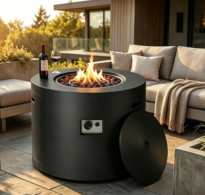 Mazatzal 32 Inch Propane Fire Pit Table, 50,000 BTU Round Gas Firepit with Lid & Cover, Alloy Steel Outdoor Fire Table for Patio, Backyard, Deck, Black