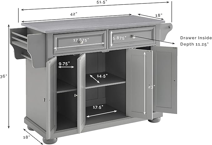 Crosley Furniture Full Size Stainless Steel Rolling Kitchen Island Storage Cart, Microwave Stand, Spice Rack, Gray
