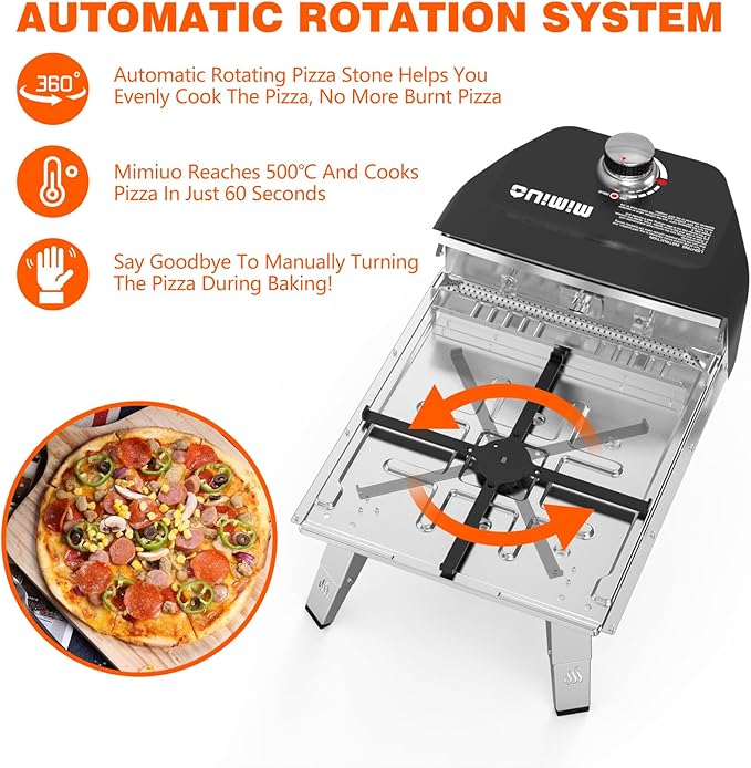 Mimiuo Outdoor Gas Pizza Oven with Automatic Rotating Stone - 39 lbs Heavy Duty Propane Pizza Stove 14 Inch for Backyard Camping, Bakes Pizza in 60 Seconds, Includes Pizza Stone, Peel & Cover