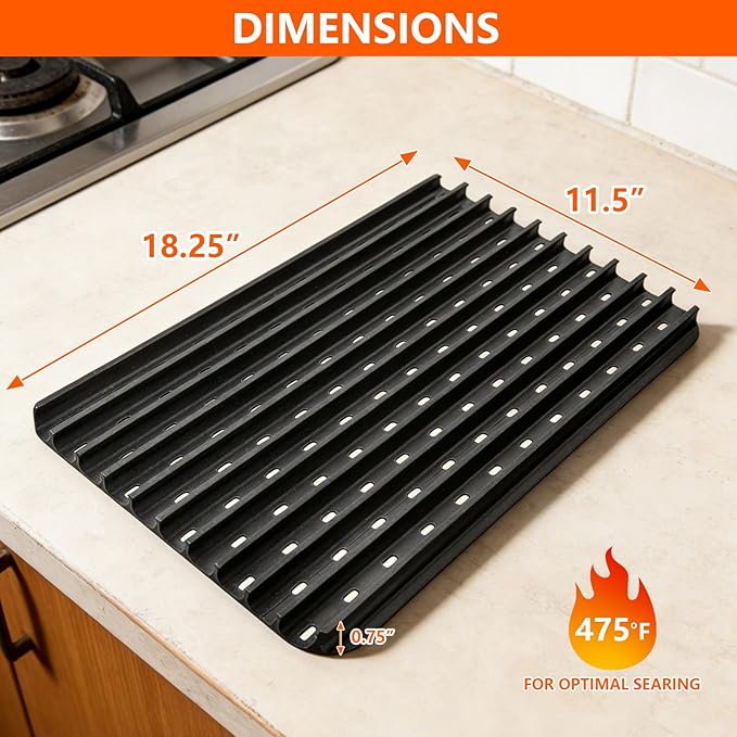 BAC772 Cast Iron Grill Sear Grate for Traeger, Weber, Charbroil, Pit Boss and Most Pellet, Gas & Charcoal Grills, Reversible Grill Grate Accessory, Non-Stick Grate Sear Marks, 18.25" x 11.5"