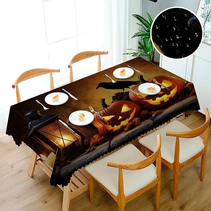 Swono Halloween Tablecloths Halloween Pumpkin Scary Bird Old Wooden Kitchen Dinning Tabletop Decoration, Polyester Table Cover for Indoor Outdoor 50x72 Inch Tablecloth