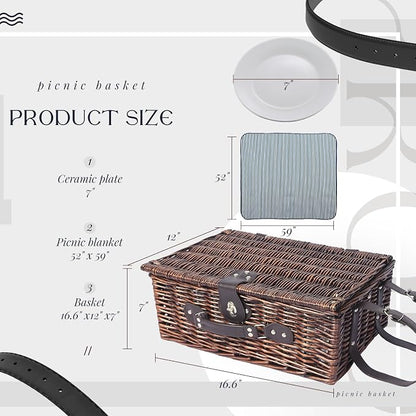 Wicker Picnic Basket Set for 4, Blanket, Cooler Bag, Blue Stripes | Four-Person Wicker Set Includes Tableware, Insulated Food Storage and Waterproof Blanket for Parks, Camping, Dates and Gifts