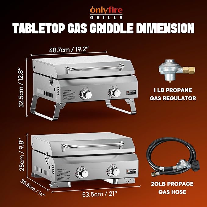 ONLYFIRE GRILLS Tabletop Gas Griddle with Foldable Legs, 2-Burner BBQ Propane Flat Top Griddle, Portable Gas Stove for Outdoor Cooking Patio Party Camping Tailgating RV, Stainless Steel, GS318
