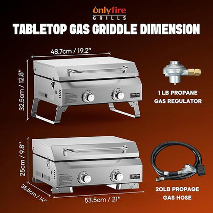 ONLYFIRE GRILLS Tabletop Gas Griddle with Foldable Legs, 2-Burner BBQ Propane Flat Top Griddle, Portable Gas Stove for Outdoor Cooking Patio Party Camping Tailgating RV, Stainless Steel, GS318