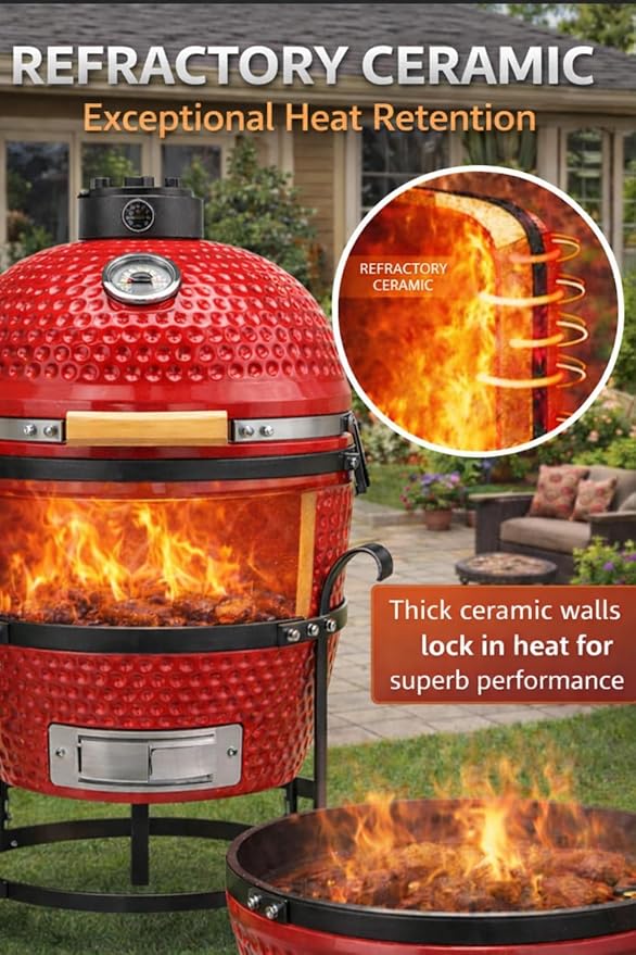 13-in W Kamado Grill with Built-in Thermometer, Oval Grill with Cast Iron Grates, Bamboo handle, Portable Ceramic Grills with Low Stand for Backyard, Patio, Deck grilling, Red