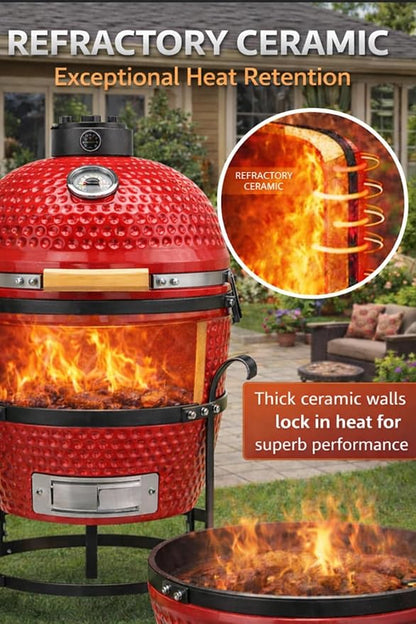 13-in W Kamado Grill with Built-in Thermometer, Oval Grill with Cast Iron Grates, Bamboo handle, Portable Ceramic Grills with Low Stand for Backyard, Patio, Deck grilling, Red