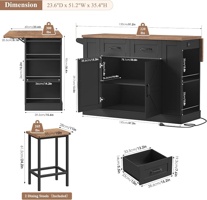 Kitchen Storage Island with 2 Stools, 51” Mobile Kitchen Cart with Drop Leaf & Power Outlet, Rolling Island Table Dining Room Buffet with 2 Drawers & Side Storage Rack &Towel Rack, Black
