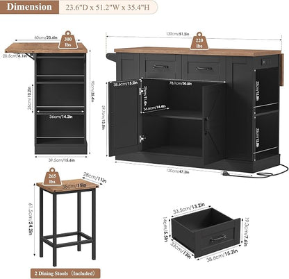 Kitchen Storage Island with 2 Stools, 51” Mobile Kitchen Cart with Drop Leaf & Power Outlet, Rolling Island Table Dining Room Buffet with 2 Drawers & Side Storage Rack &Towel Rack, Black