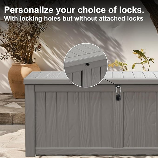 PatioZen 150 Gallon Deck Box,Resin Outdoor Storage Box with Lockable for Patio Furniture, Pool Accessories, Garden Tools Waterproof Outside Storage Box (Grey)