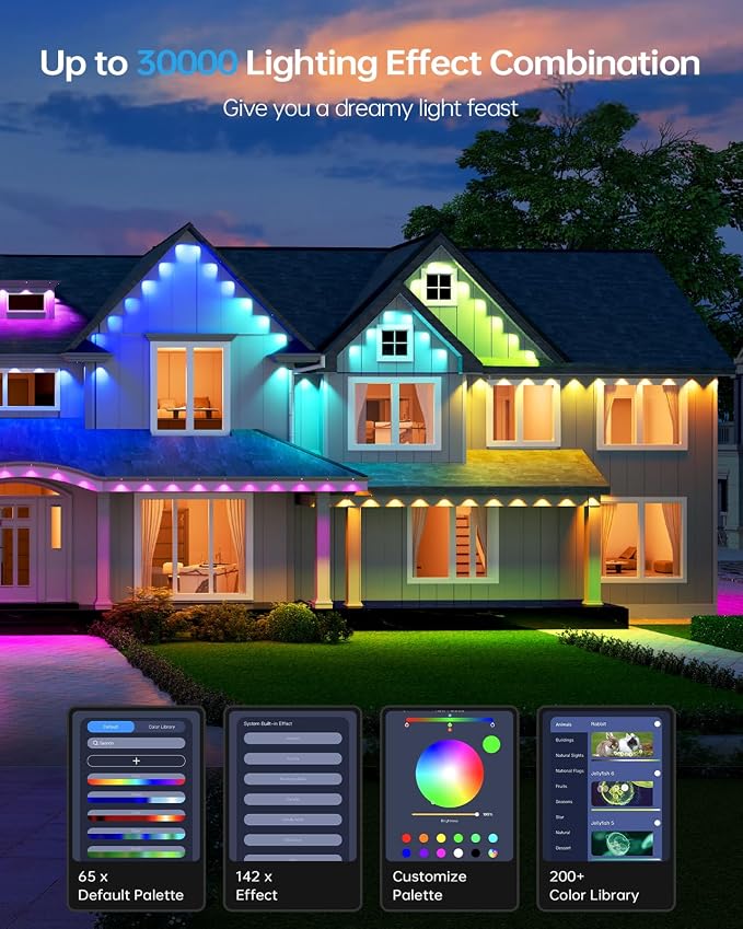 ASAHOM Permanent Outdoor Lights Pro S108B, 100FT with 72 RGBCW LEDs, White | Up to 70lm, WLED Integrated, 30,000 Dynamic Effects, AI Lighting, Dual Output, for Outdoor Holiday Decor and Daily Lighting