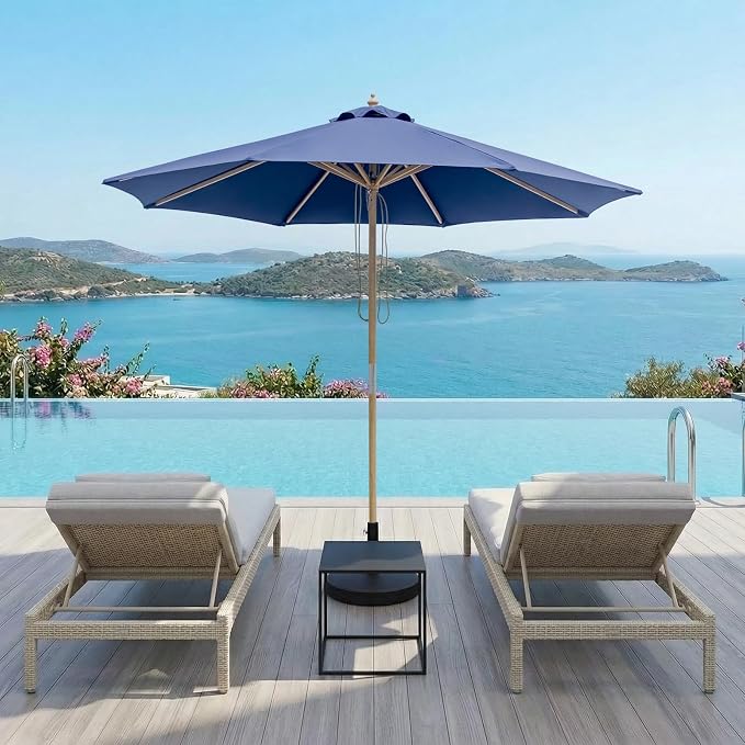 9FT/10FT Wood Patio Umbrella, Large Outdoor Table Pool Umbrella | 205G Olefin/180G Polyester Fabric, Push-Pull Operation Market Umbrella, 8 Rib Vented Canopy, Ideal for Patio, Backyard
