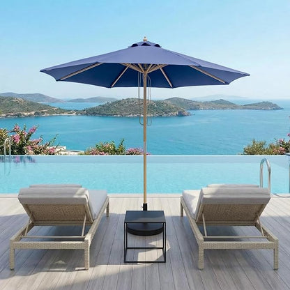 9FT/10FT Wood Patio Umbrella, Large Outdoor Table Pool Umbrella | 205G Olefin/180G Polyester Fabric, Push-Pull Operation Market Umbrella, 8 Rib Vented Canopy, Ideal for Patio, Backyard