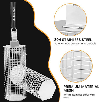 2 Pack Rolling Grill Basket, Hexagonal BBQ Grill Baskets with Removable Wooden Handle, 304 Stainless Steel, Nesting Grilling Net, BBQ Accessories Tools for Vegetables, Meat & Seafood, Gift for Dad or Husband