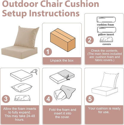 Outdoor Deep Seat Cushion Set, 24x24 Inch, Beige, Set of 6 | Water-Resistant, Fade-Resistant, Removable Cover, For Patio Chair & Sofa&Furniture