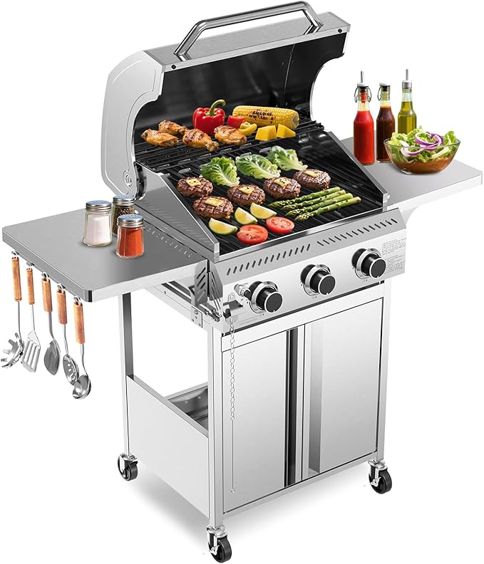 Cowsar Stainless Steel 3-Burner Propane Gas Grill, 24000BTU Last-Long BBQ Grill with Foldable Side Table, Stainless Steel Grate, Barbecue Grill for Outdoor Cooking, Backyard, Patio, Garden, Deck