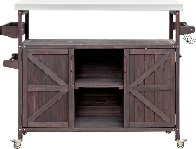 LUMISOL Outdoor Grill Cart with Stainless Steel Top, Farmhouse Solid Wood Kitchen Island with Storage Rack, Outdoor Rolling Bar Cart & Storage Cabinet with Spice & Towel Rack, Dark Brown
