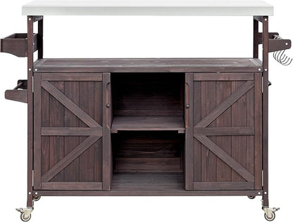 LUMISOL Outdoor Grill Cart with Stainless Steel Top, Farmhouse Solid Wood Kitchen Island with Storage Rack, Outdoor Rolling Bar Cart & Storage Cabinet with Spice & Towel Rack, Dark Brown