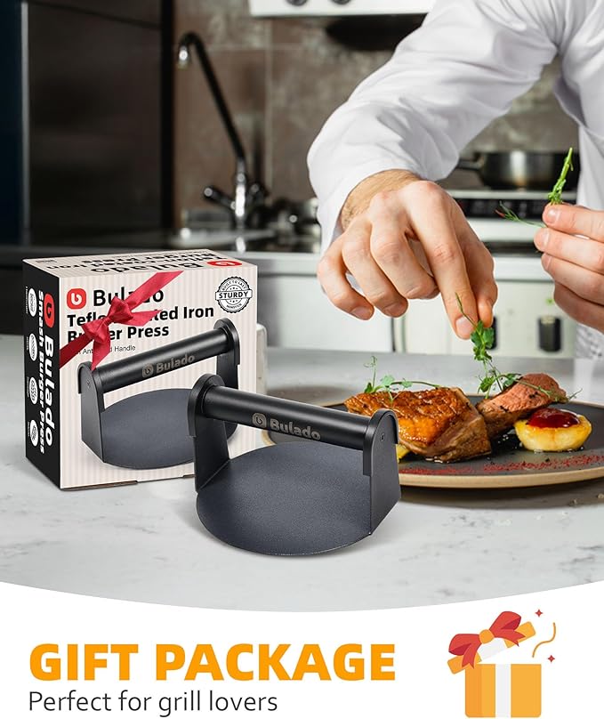 Bulado Burger Press, 6'' Round Burger Smasher for Griddle with Heat-Resistant Handle, Teflon-Coated Iron Non-Stick Hamburger Smasher Tool for Flat Top Griddle, Grill, BBQ, Cooking, Gift Package