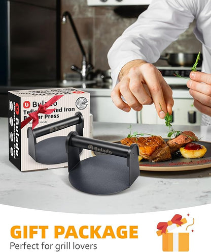 Bulado Burger Press, 6'' Round Burger Smasher for Griddle with Heat-Resistant Handle, Teflon-Coated Iron Non-Stick Hamburger Smasher Tool for Flat Top Griddle, Grill, BBQ, Cooking, Gift Package