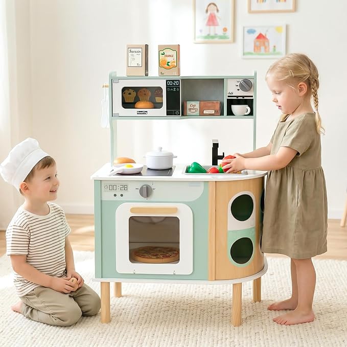 INFANS Kids Kitchen Playset, Toddler Wooden Pretend Cooking Set with Stove Microwave Dustbin Storage Cabinet, Play Kitchen Toy Set with Toy Food Cookware Accessories for Children Boys Girls