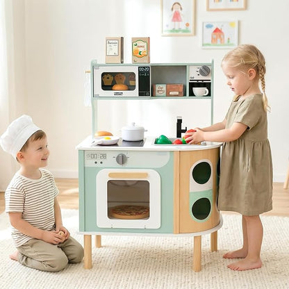 INFANS Kids Kitchen Playset, Toddler Wooden Pretend Cooking Set with Stove Microwave Dustbin Storage Cabinet, Play Kitchen Toy Set with Toy Food Cookware Accessories for Children Boys Girls
