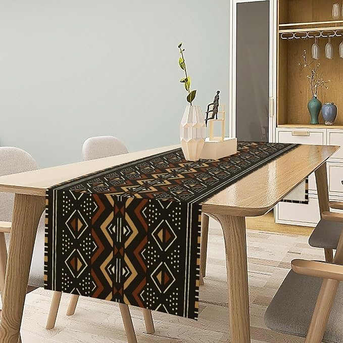 Vintage African Tribal Table Runner African Mud Cloth Pattern Abstract Geometric Ethnic Traditional Dinner Runner for Farmhouse Kitchen Dinner Table Holiday Party Decoration 13x120in
