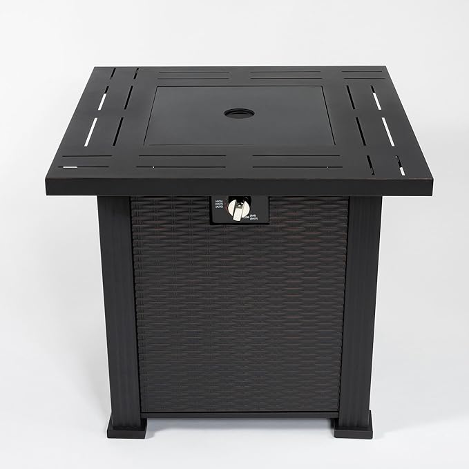 KEIKI 28 Inch Square Propane Fire Pit Table, Outdoor Gas Patio Heater with Metal Tabletop, 50000 BTU Backyard Firepit with Lid and Stones