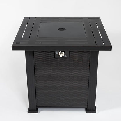 KEIKI 28 Inch Square Propane Fire Pit Table, Outdoor Gas Patio Heater with Metal Tabletop, 50000 BTU Backyard Firepit with Lid and Stones