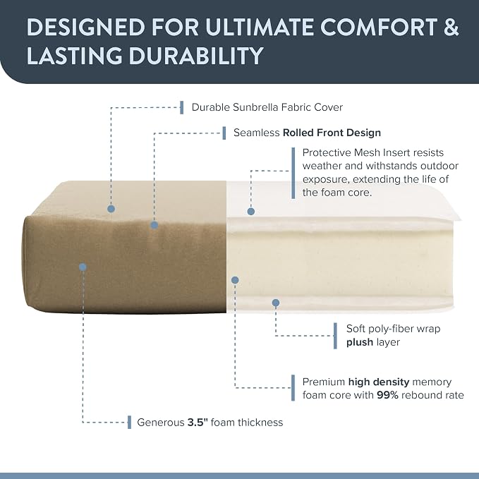 California Umbrella Outdoor Dining Chair, Patio Seat Cushion, 20 x 40 Inch, Premium Outdoor Memory Foam, Fade Resistant, Sunbrella Fabric, Fabric Ties, Heather Beige