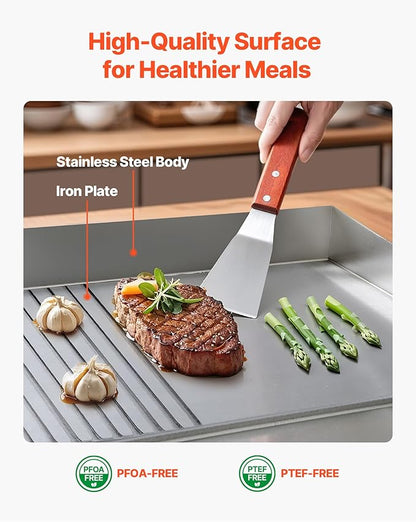VEVOR Commercial Electric Griddle, 21.06 x 11.81 inch, 1750W, 122-570°F Adjustable Temp Control, Stainless Steel Body, Half Grooved Half Flat, with 2 Spatulas, 2 Brushes, and 4 Foot Pads, for Steak