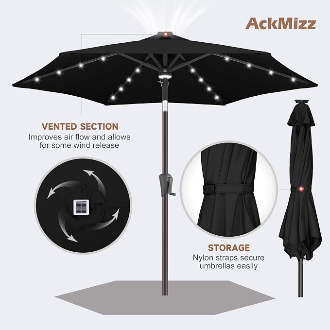 Solar Patio Umbrella with Centre Light, 7.5 ft Black | 24 LED Lights, UV Protection, Small Solar Outdoor Umbrella for Porch, Deck, Pool, Table, Garden, Provides Evening Lighting