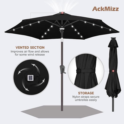 Solar Patio Umbrella with Centre Light, 7.5 ft Black | 24 LED Lights, UV Protection, Small Solar Outdoor Umbrella for Porch, Deck, Pool, Table, Garden, Provides Evening Lighting