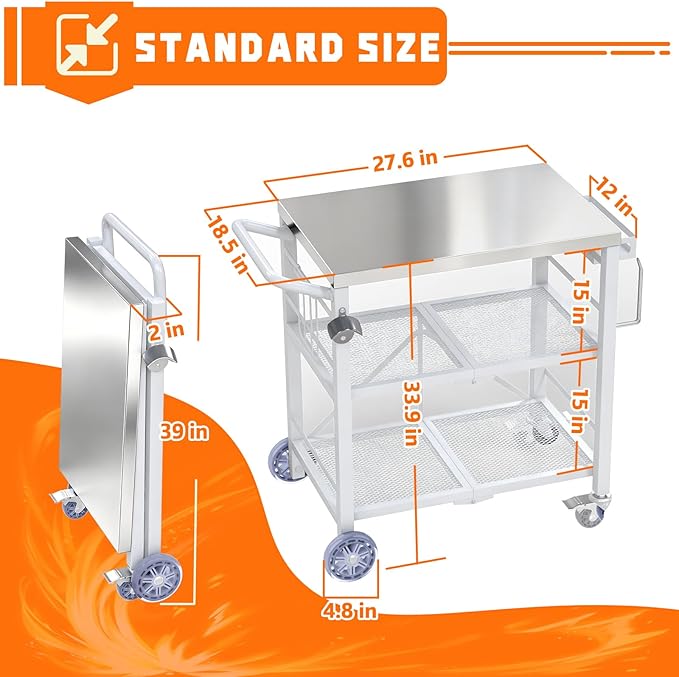 Folding Grill Table with Storage Rack, Stainless Steel Outdoor BBQ Cart, 3 Shelf Portable Grill Cart, Outdoor Kitchen Island and Pizza Oven Table for Blackstone Griddle