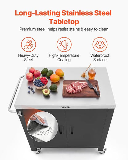 VEVOR Outdoor Grill Cart with Storage Cabinet, 40 Inch Grill Table, Waterproof Kitchen Island with Stainless Steel Top, Spice Rack, and Wheels, Movable Food Prep Station for Patio Bar Backyard BBQ