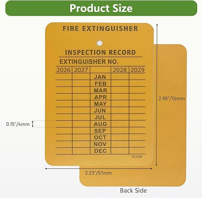 Fire Extinguisher Tags Monthly Inspection (50-Pack with Box), 2.25" x 3", 2026-2029, Heavy Duty Yellow Plastic for Indoor & Outdoor Use, Safety Compliance Tags for Fire Safety Inspections
