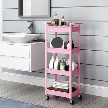 STEEHOOM Utility cart with Tabletop 4 Tier Rolling Cart Organizer with Wheels Movable Storage Cart for Office, Living Room, Kitchen, Craft Room, Pink